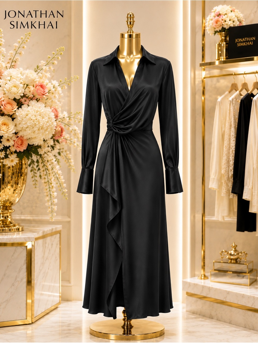 NWT SIMKHAI Black Satin Wrap Maxi Dress Size 4  Draped Front, Long Cuff Sleeves